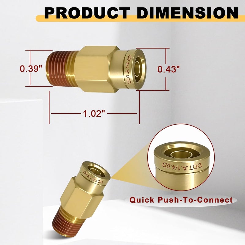 Siptenk 5 PCS 1/4" DOT Brass Push to Connect Fittings, 1/4" OD Tube x 1/8" NPT Thread Air Brake Line Fitting for Truck Trailers Industry Air System - Image 2